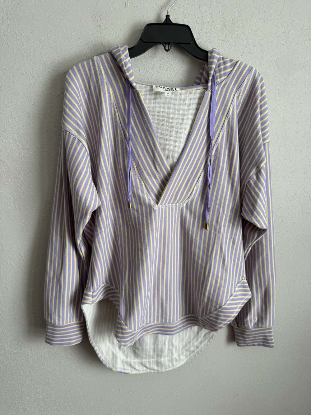 Bucket List Yellow Lilac Striped V-Neck Oversize Sweatshirt Hoodie Women M Beach